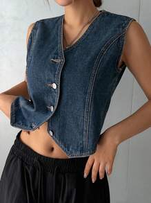 DAZY 女士夏季休闲纽扣前背心牛仔上衣 - 深色水洗藍 - 查看 2