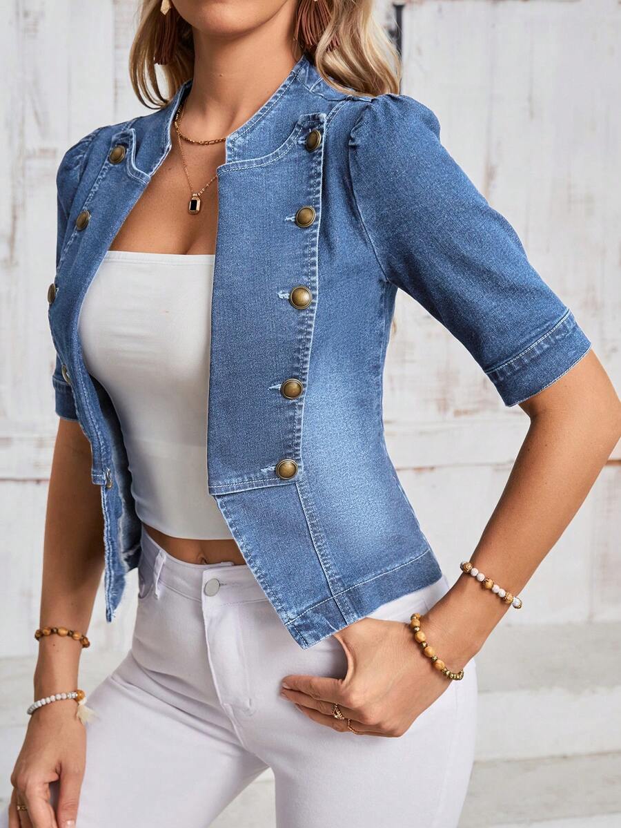 SHEIN LUNE Áo khoác denim thông thường dài vừa phải có nút phía trước, trang phục hàng ngày - Rửa nhẹ - Xem 1