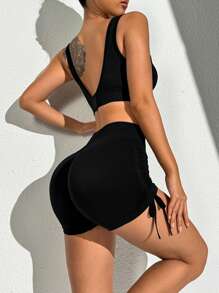 SHEIN Ladies' Solid Color Backless Tank Top And Long Pants Summer Sports Suitwomen Workout Set