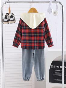 SHEIN 2 piezas/Set camisa con capucha a cuadros y pantalones de jean para niño joven - Rojo - Ver 2