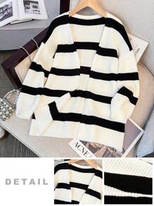 青少年女孩宽松休闲简约舒适条纹中长开衫 - 黑與白 - 查看 7