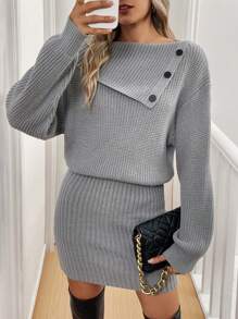 Chiquease Women Asymmetrical Neck Button Closure Long Sleeve Solid Color Knitted Sweater Dress