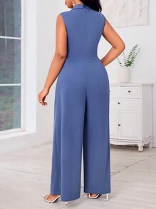 SHEIN Lady Plus Size Women's Blue Sleeveless Wide Leg Jumpsuit With Cross Neck And Pearl Decor Concert Women Outfit Women Jumpsuit Four Seasons Work Outfits For Women Women's Summer Clothes Classy Outfits For Women Office Outfits For Women Work Clothes Women Women Summer Clothes Business Casual Woman Summer Outfits For Women