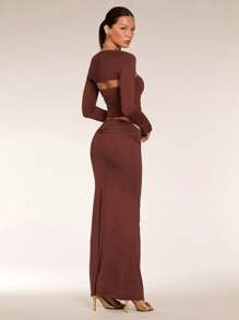 SHEIN BAE Conjunto de top corto de manga larga con cuello de cisne plisado y falda larga de unicolor, primavera verano, para mujer - Marrón - Ver 7