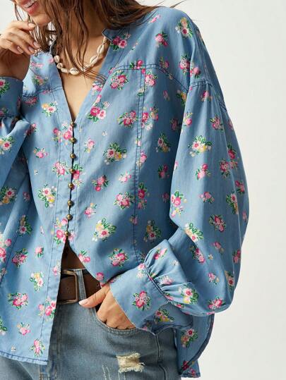 Bohemela Multicolor Ditsy Ditsy Floral Casual Blouse For Women