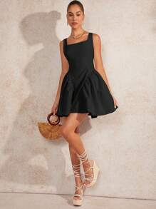 L'Amorae Ruffle Hem Square Neck Solid Dress - Black - View 6