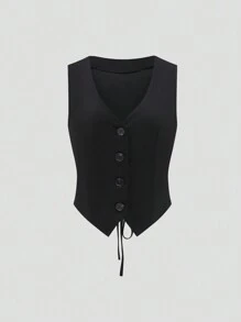 SHEIN Unity Áo khoác cổ chữ V màu đen không tay trang bị cho quý cô thanh lịch - màu đen - Xem 1