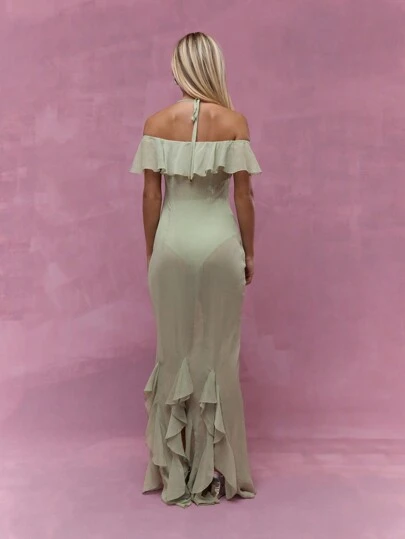 MISSGUIDED Boho Sage Green Ruffle Flowy Maxi Dress ChristmasMISSGUIDED