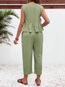 SHEIN Bộ sản phẩm 2 cái/bộ trang phục thường ngày cho nữ cổ chữ V có thể điều chỉnh eo và quần - màu xanh lá - Xem 2