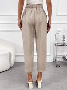EMERY ROSE Women's Solid Color Linen Elastic Waist Pocket Pants - Apricot - View 2