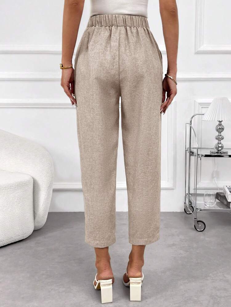 Women's Solid Color Linen Elastic Waist Pocket Pants