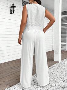 SHEIN Frenchy 加大码 2 件加大码无袖白色系带腰上衣和宽松裤子套装，旧款 - 白色 - 查看 6