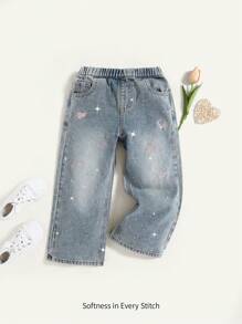 年轻女孩水钻装饰直筒牛仔裤，时尚休闲裤，秋季 - 藍色 - 查看 1