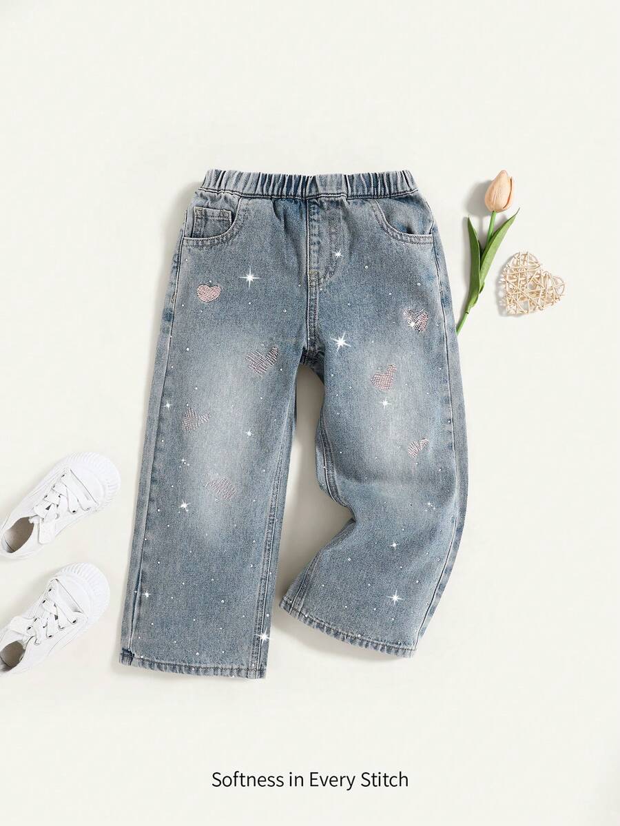 年轻女孩水钻装饰直筒牛仔裤，时尚休闲裤，秋季 - 藍色 - 查看 1