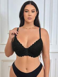 1pc Plus Size Front-Closure Lace Underwire Bra, Lingerie - Black - View 7