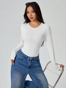 SHEIN PETITE Solid Long Sleeve Slim Fit White T-Shirt Bodysuit - White - View 5