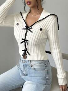 SHEIN Unity Contrast Trim Sailor Collar Bow Front Crop Cardigan - Beige - View 6