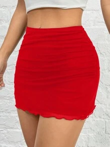 SHEIN EZwear Váy lưới dệt kim màu đỏ xếp ly dáng ôm thanh lịch quyến rũ thời trang dành cho nữ - Đỏ - Xem 4