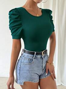 Chiquease Camiseta de mujer de ajuste ceñido con mangas abullonadas, elegante - Verde Oscuro - Ver 5