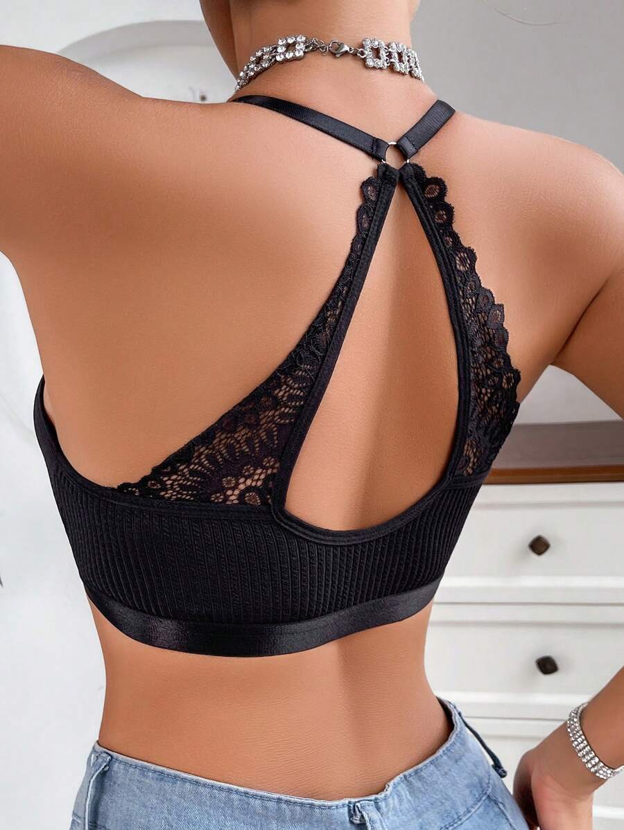 女士黑色蕾丝边吊带露背休闲文胸内衣 - 黑色 - 查看 1