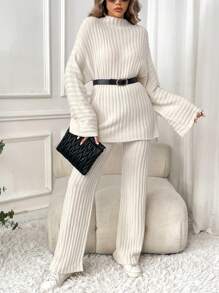 SHEIN LUNE 2 piezas Conjunto de suéter informal con cuello alto a rayas para mujer