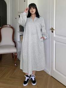 Dazy Petite Plus Plus Size Grey Polo Collar Solid Color Long Dress Shirt Dress,Fall Clothes Long Sleeve Dress - Grey - View 6