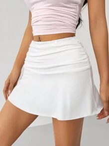 SHEIN PETITE 春假纯色褶皱荷叶边下摆白色裙子 - 白色 - 查看 7