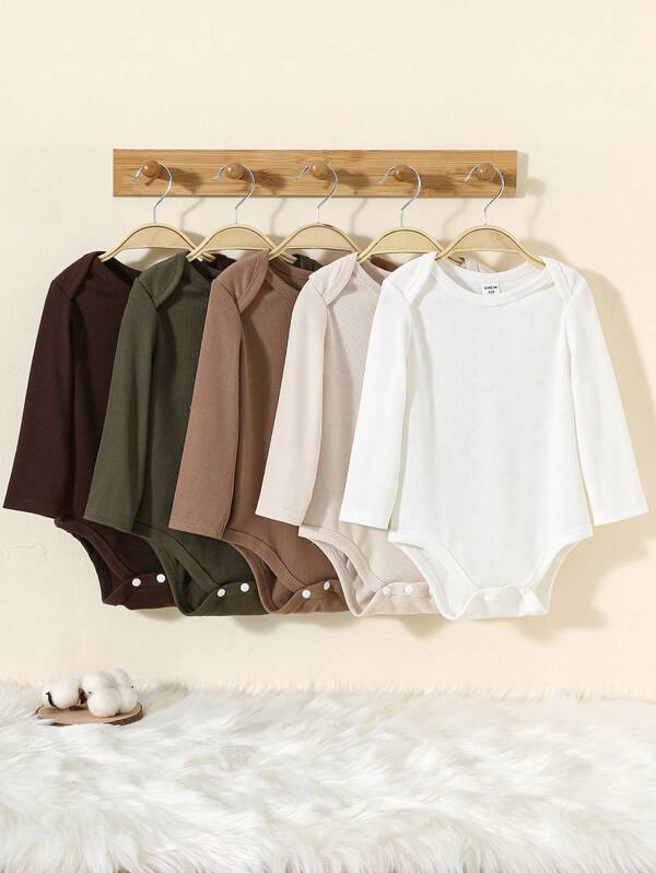 5pcs/Set Newborn Baby Boy/Girl All-Match Solid Color Soft Rib Knitted Long Sleeve Snap Fastener Rompers, For Spring, Autumn And Winter