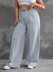EURMUSE Plus Drawstring Waist Wide Leg Pants - Grey - View 3