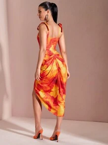 SHEIN BAE Váy nữ mùa hè màu vàng nhuộm xếp ly bất đối xứng xẻ cao cúp ngực nhuộm nơ - Màu Cam cháy - Xem 2