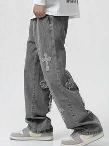 ROMWE MEN Street Life 男士交叉贴布直筒宽松休闲牛仔裤 - 灰色 - 查看 3