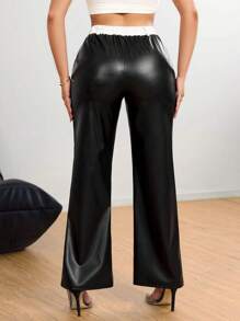 SHEIN SXY 时尚黑白 PU 皮革女裤 - 黑與白 - 查看 2