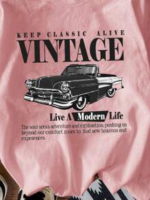 SHEIN EZwear 大码休闲复古汽车图案 T 恤，宽松版型，短袖，女式，夏季 - 藕粉色 - 查看 4