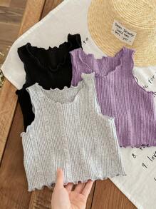 SHEIN LMoss Kids LMoss 女婴 6 件套可爱简约针织纯色无袖荷叶边下摆背心和短裤套装 - 淺灰紫 - 查看 6