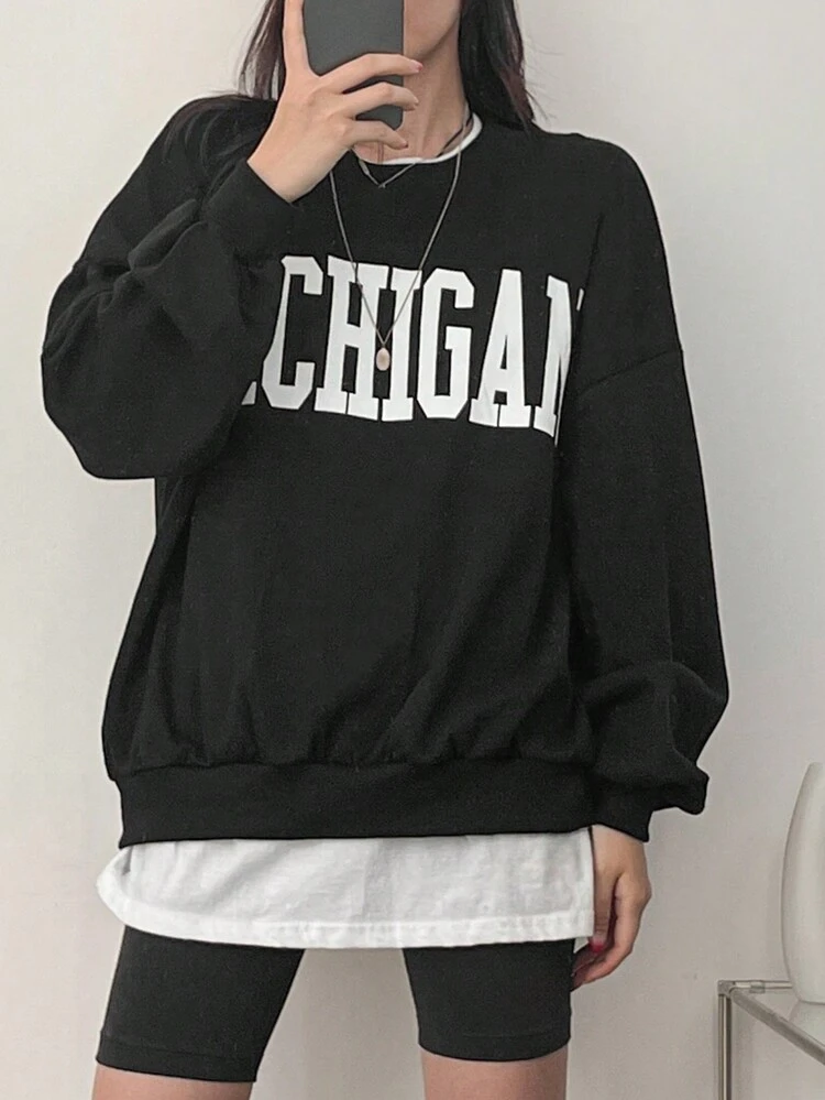 Women's Oversized Round Neck Big Letter Print Sweatshirt, Autumn , Black Sweatshirt,Fall Women Clothes