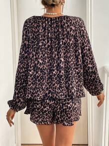 SHEIN Essnce Women Casual Women Folds Two Pieces Sets Tie Bow Lantern Puff Sleeve Layered Leopard Print Shirt And Shorts 2-Piece Set
