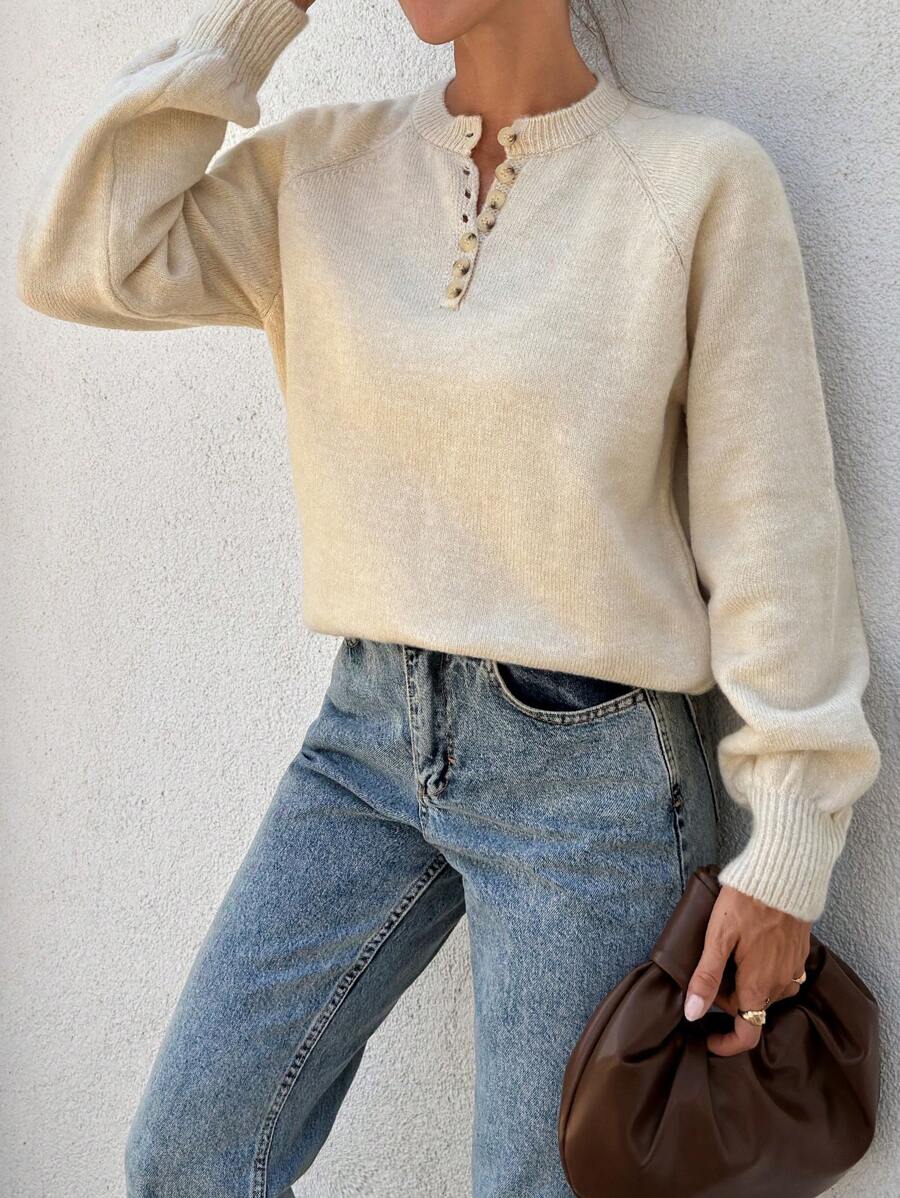 EURMUSE Elegant Melange Yarn Half Button Crew Neck Detailed Sweater - Apricot - View 1