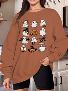 Calvaya Plus Size Pumpkin Cartoon Halloween Sweatshirt Graduation,Back To School Outfits,Graduation,Teacher Outfits For Women,Back To School - Coffee Brown - View 1