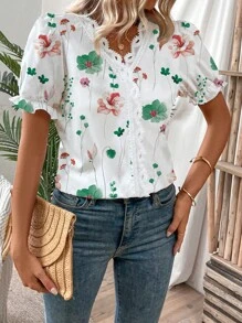 SHEIN LUNE Blusa Floral com Decote em V e Renda, Manga Curta com Contraste, para Mulheres - Verde - Visão 4