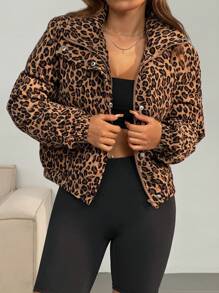 Easelle Snap-Button Leopard Print Corduroy Down Jacket - Brown - View 3