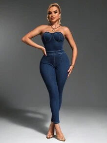 SHEIN SXY 女士纯色简约露背牛仔连身裤 - 深色水洗藍 - 查看 6