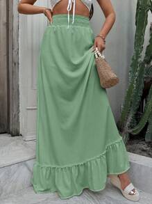 RueChic Frill Trim Shirred Detail Ruffle Hem Skirt