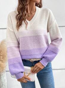 SHEIN LUNE Áo dệt kim cổ chữ V ombre mềm mại và ấm áp dành cho nữ - Màu tím - Xem 4