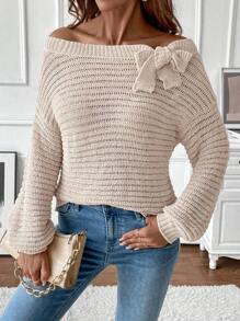 SHEIN LUNE Women's Loose Casual Bowknot Off Shoulder Knitted Sweater