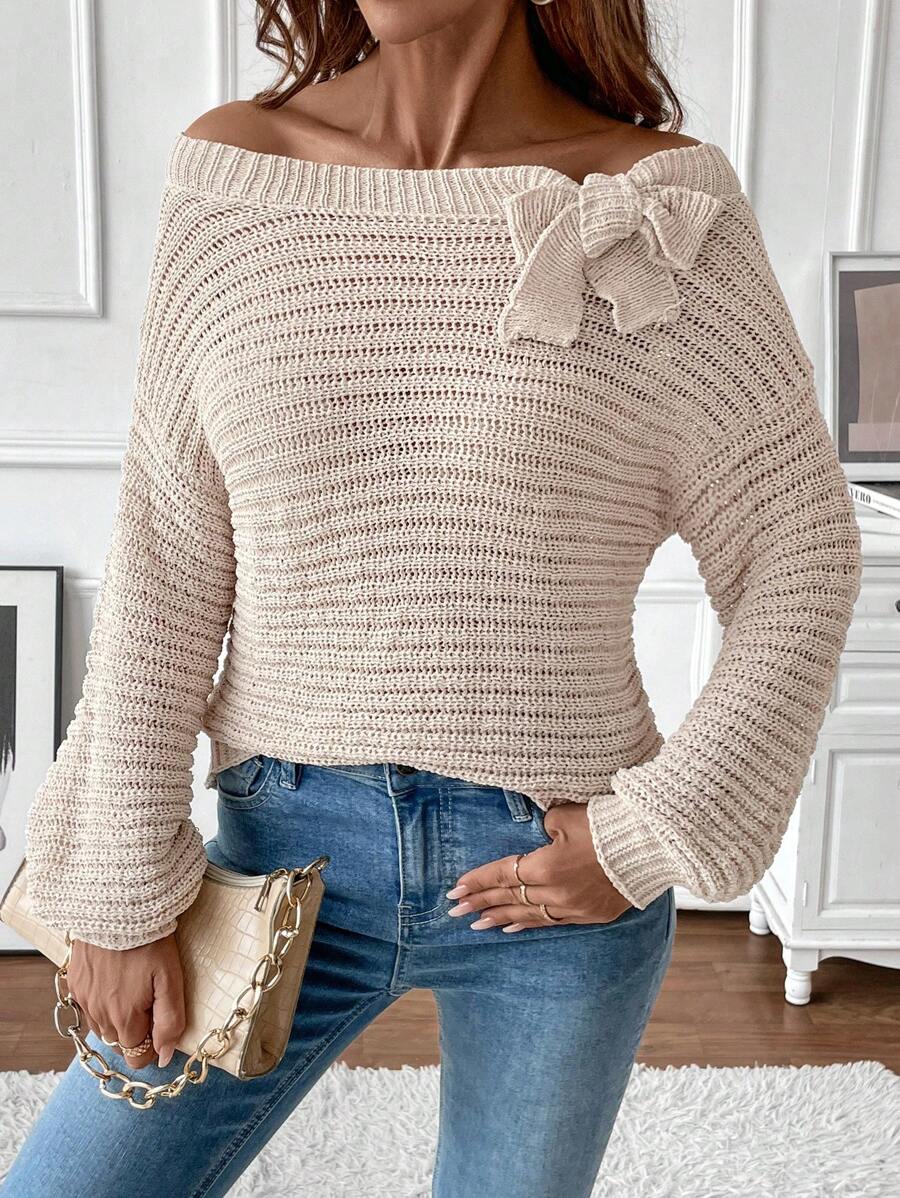 SHEIN LUNE Women's Loose Casual Bowknot Off Shoulder Knitted Sweater
