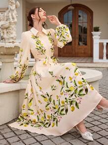 Chiquease 女式花卉印花连衣裙，领口、泡泡袖、系腰、 A 字形 - 彩色 - 查看 1