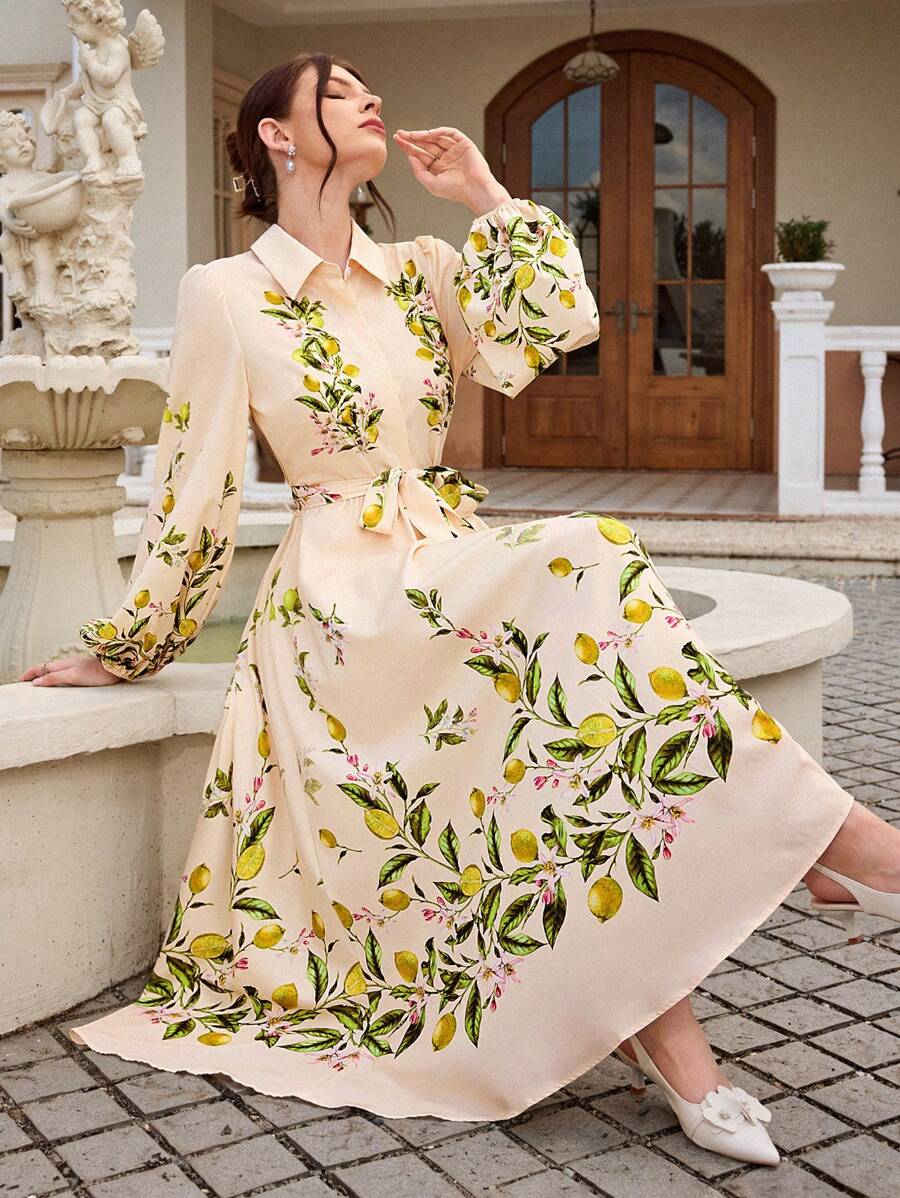 Chiquease 女式花卉印花连衣裙，领口、泡泡袖、系腰、 A 字形 - 彩色 - 查看 1