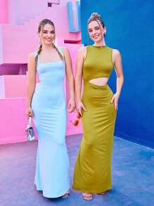 Twin Melody X SHEIN Zolique Quần áo nữ Sumeer Dây rộng, Dây yếm, Dây đuôi cá, Váy dài bó sát màu xanh - Màu xanh lam - Xem 3