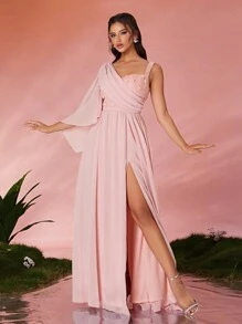 V-Neck Embroidered Lace Asymmetric Shoulder Pearl Chiffon Draped Front Slit High-End Evening Gown, Semi Formal Prom Dress, For Birthday, Wedding Guest, Graduation Homecoming - Pink - View 1