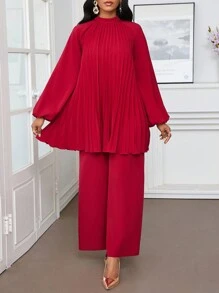 SHEIN Lady Women Loose Comfort Pleated Sleeve Shirt And Wide Leg Pants Set, Red Women Two Pieces Sets Two Pieces Outfits Fall Two Pieces Sets